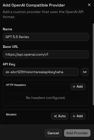 Provider configuration dialog
