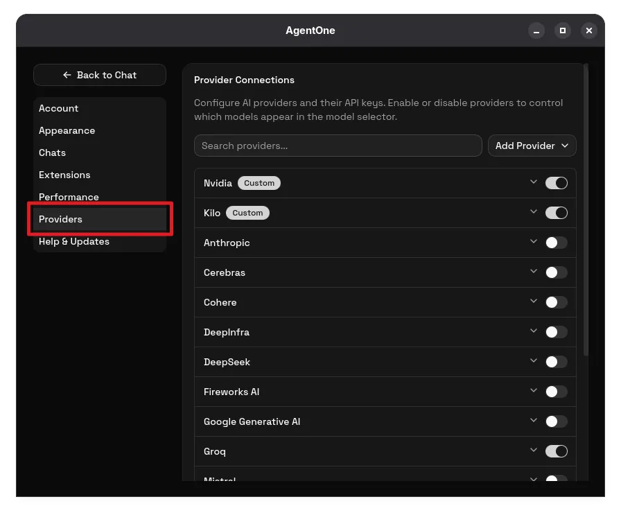 AgentOne provider settings